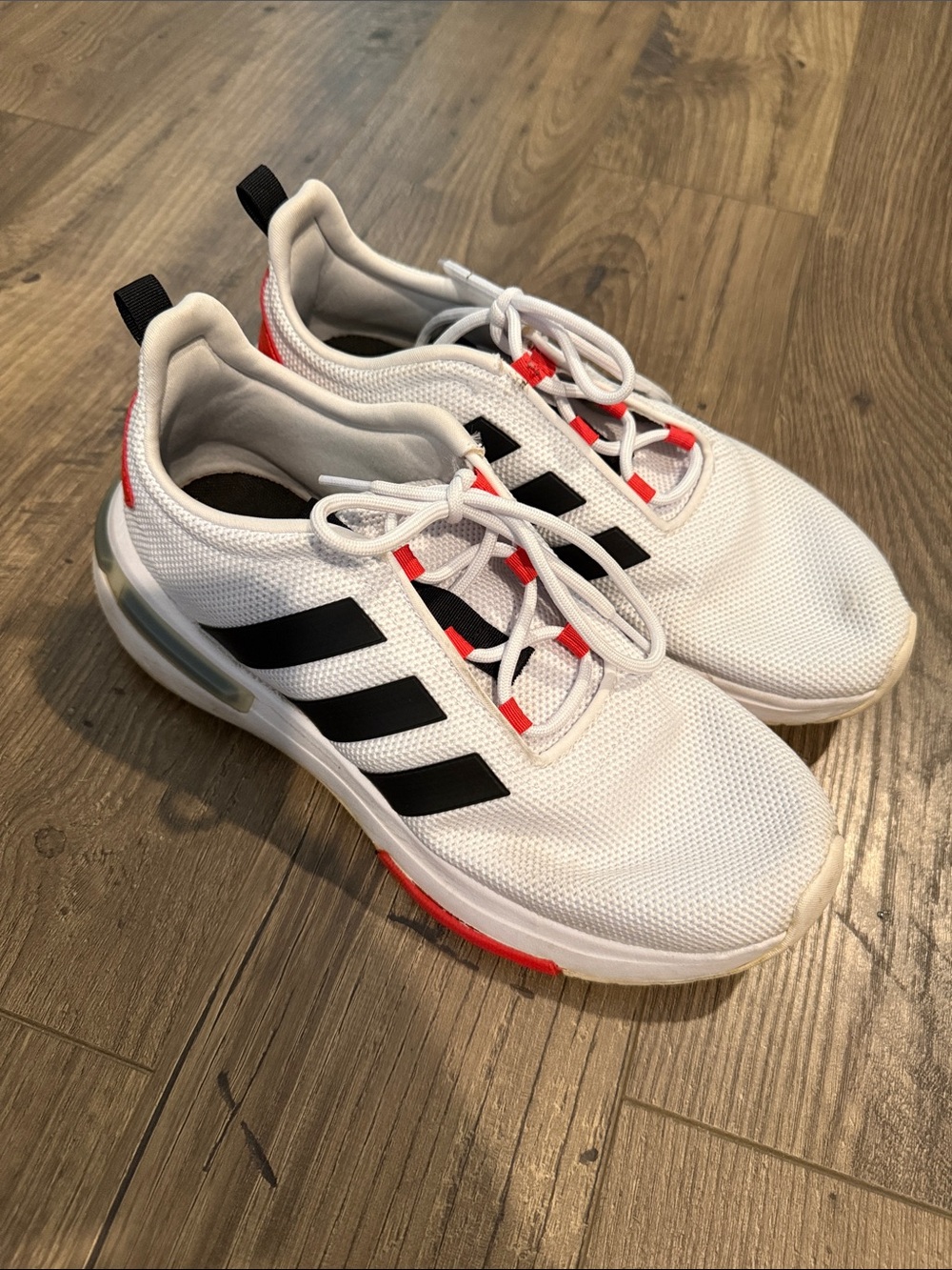 adidas Men’s White Sneakers with Black Stripes and Red Accents